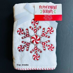 🎁Peppermint Square Christmas Hand Towel Set - Embroidered Peppermint Snowflake